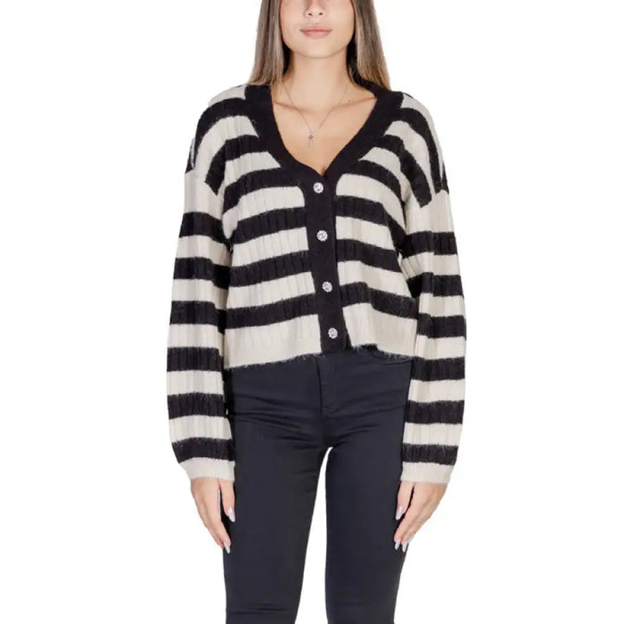 Striped knit cardigan displayed in the product labeled Striped Knit Cardigan