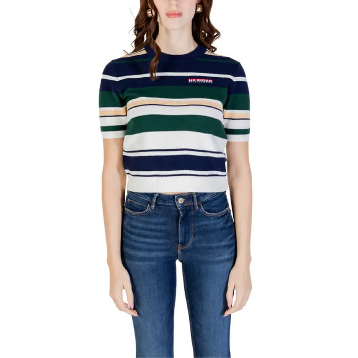 Striped short-sleeved knit top paired with jeans in the Striped Short Sleeved Sweater and Jeans product image