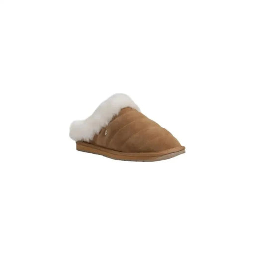 Tan suede slipper with white fur trim from Emu Australia Women’s Leather Shoes in Brown
