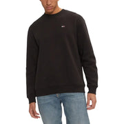 Men’s black crewneck sweatshirt with small rectangular Tommy Hilfiger logo patch