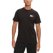 Men’s black short-sleeved T-shirt with small rectangular logo patch on left chest
