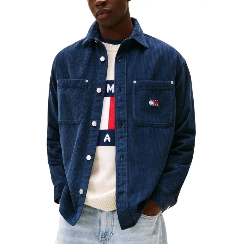 Men’s navy blue corduroy overshirt featured in Tommy Hilfiger Jeans’ blue organic cotton blazer