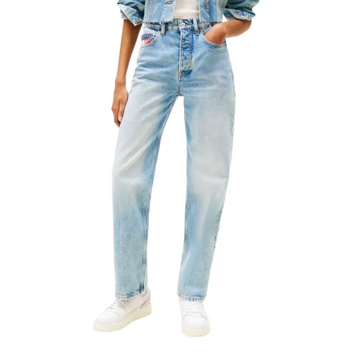 Light wash high-waisted relaxed-fit denim jeans with button fly from Tommy Hilfiger