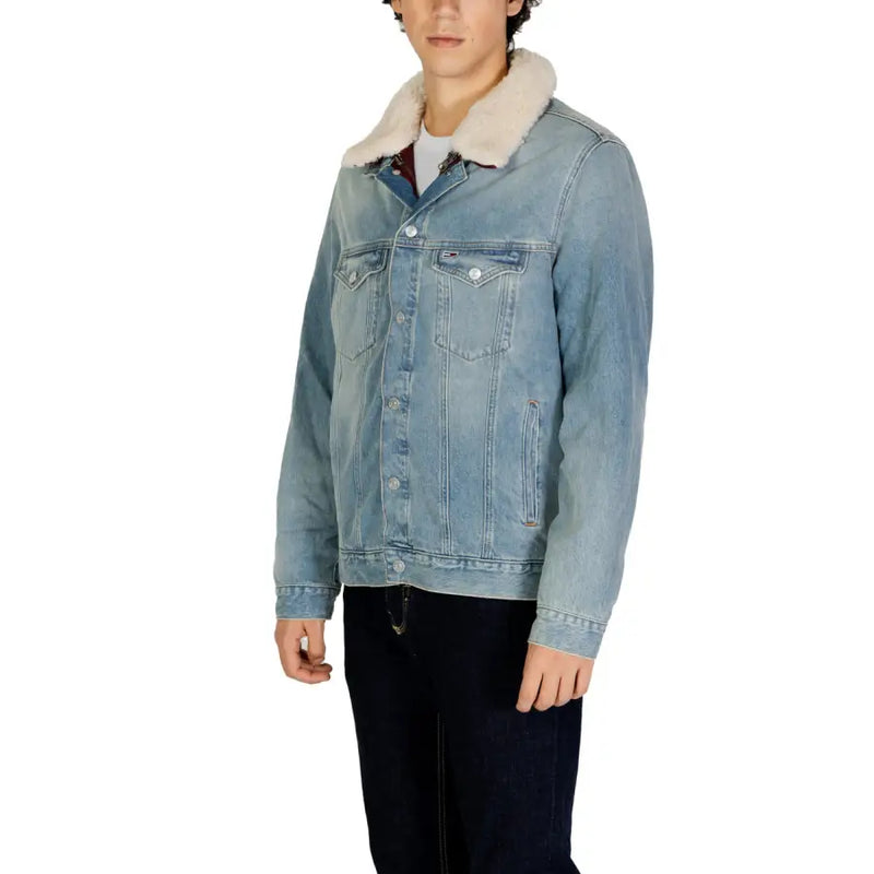 Men’s light wash denim jacket with cream faux fur collar from Tommy Hilfiger Fall Winter collection