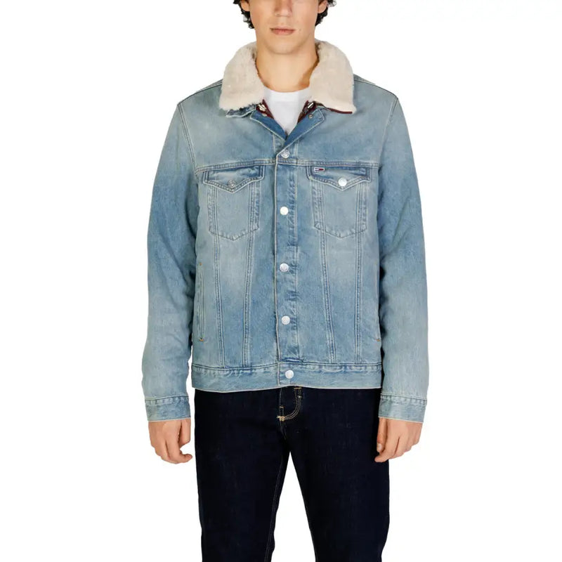 Men’s light wash denim jacket with cream sherpa collar from Tommy Hilfiger Fall Winter collection