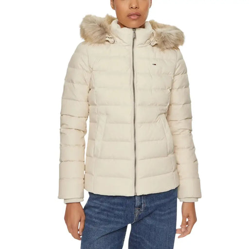 Women’s off-white puffer jacket with fur-trimmed hood from Tommy Hilfiger Womens Black Hooded Long Zip Jacket