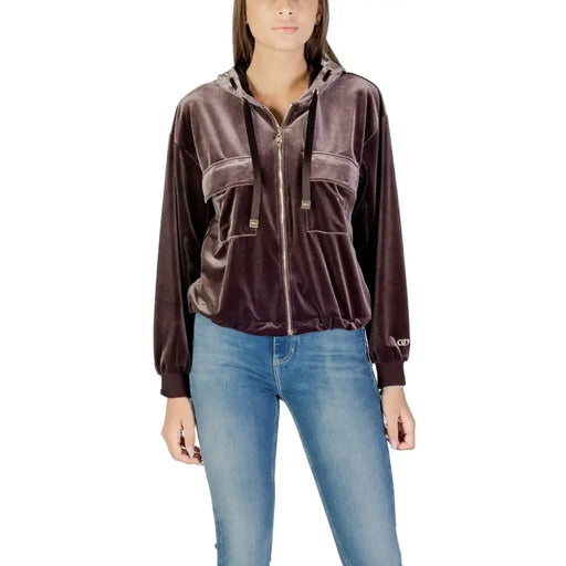 Liu Jo Women Long Brown Zip Hoodie with Front Pockets made of velvet fabric