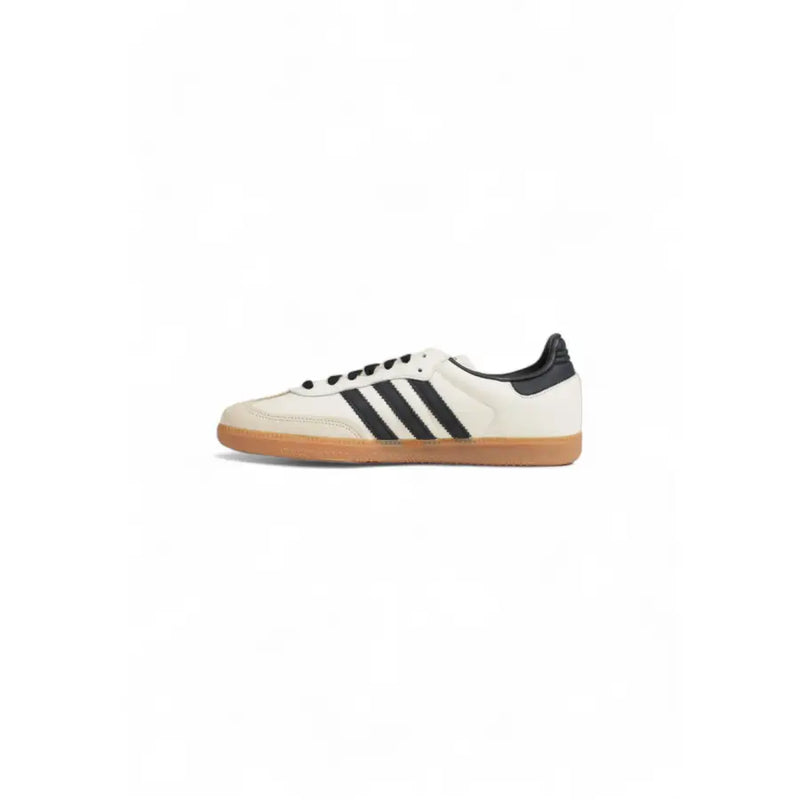 White Adidas Samba sneakers with black stripes and gum sole for women in fall winter collection
