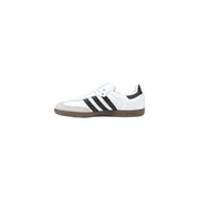 White Adidas Samba sneakers with black stripes and gum sole for women