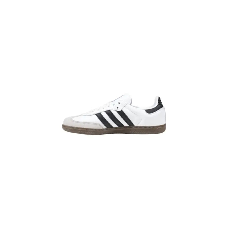 White Adidas Samba sneakers with black stripes and gum sole for women