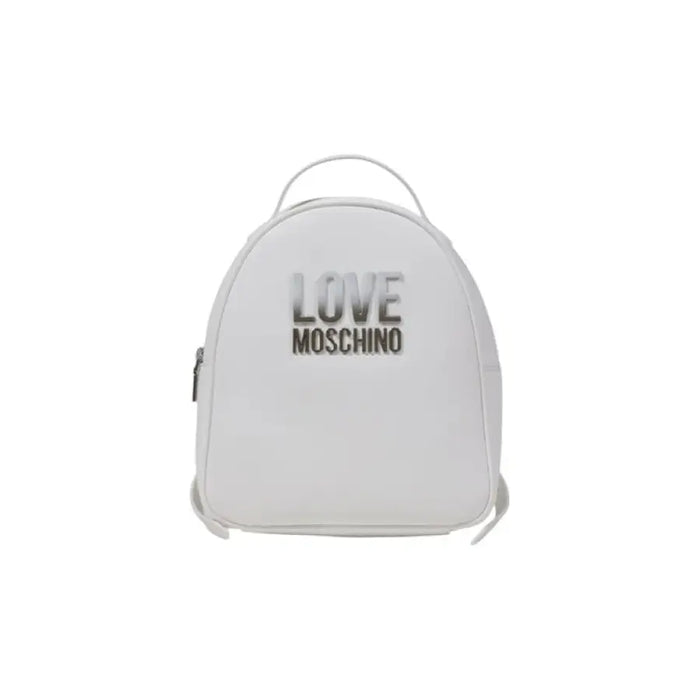 White Mini Backpack with LOVE MOSCHINO text, fashionable accessory for casual wear