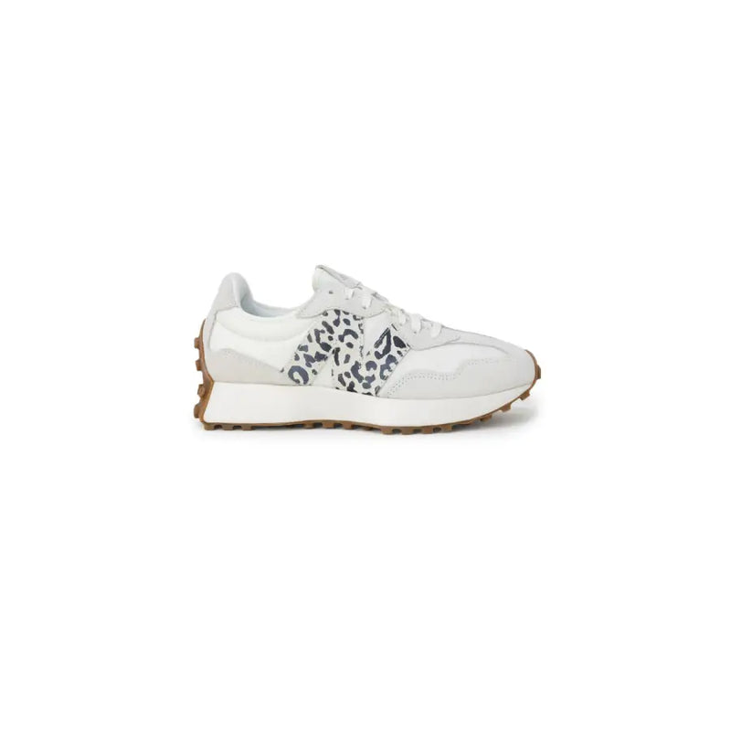 White New Balance WS327PJ women lace-up sneakers with leopard print N logo and studded sole