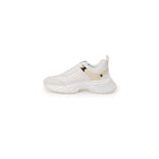 White and beige chunky sole leather lace-up sneakers with pull tab for women in spring summer
