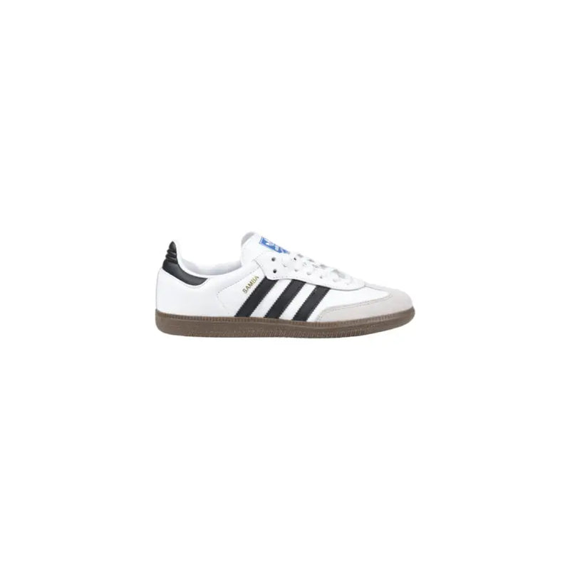White and black Adidas Samba sneakers with brown sole for women, leather lace-up design