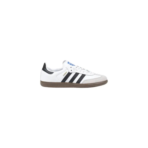 White and black Adidas Samba sneakers with brown sole for women, leather lace-up design