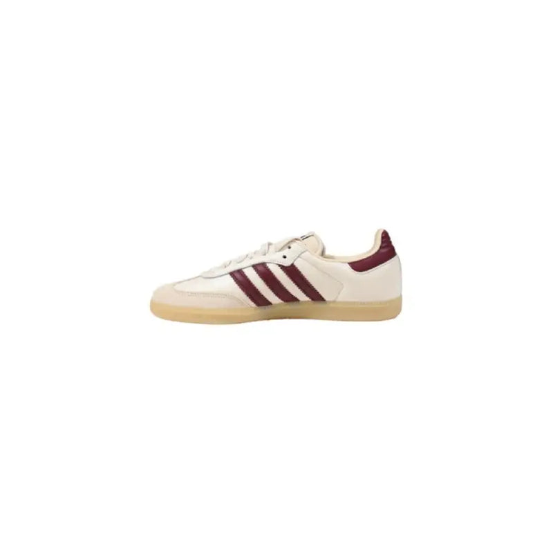 White and Burgundy Adidas Samba sneaker displayed in a product shot