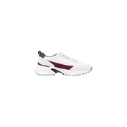 White and burgundy Calvin Klein slip-on sneakers with grey soles and black accents