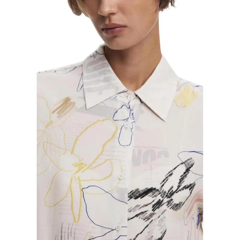 White Desigual Classic Long Beige Viscose Shirt for Women with colorful floral and scribbled pattern