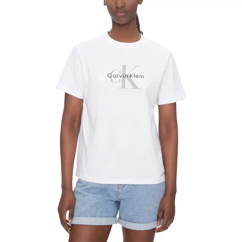 White Calvin Klein Jeans cotton round neck short sleeve T shirt for women