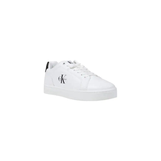 White Calvin Klein leather sneaker with black heel accent for stylish footwear
