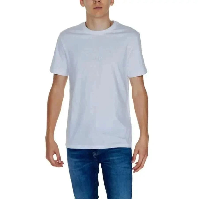 Guess Men T-Shirt White crew neck worn by person in blue jeans