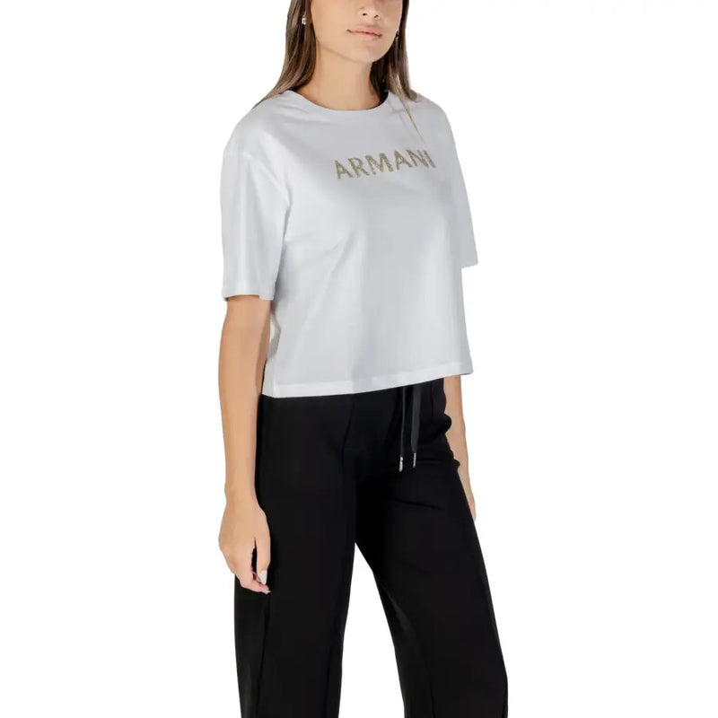 White crew-neck short-sleeved cotton T-shirt with ARMANI text for Armani Exchange women