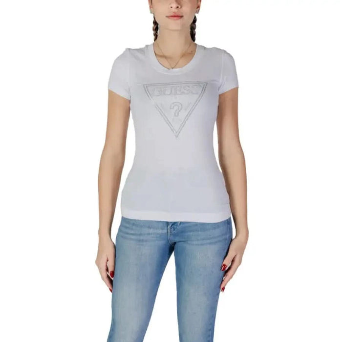 White fitted Guess Women’s Round Neck T-Shirt featuring a triangular logo design