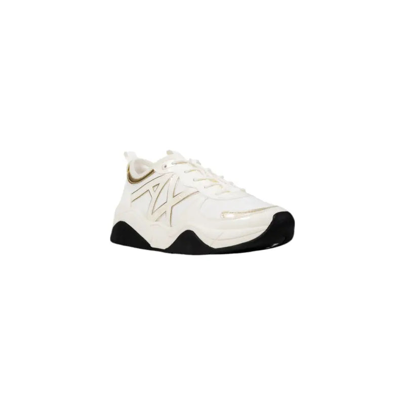 White and gold Armani Exchange women’s athletic sneaker with black rubber sole