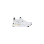 White and gold women’s athletic slip-on sneakers with black sole for Guess Fall Winter collection