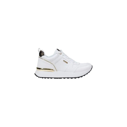 White and gold women’s athletic slip-on sneakers with black sole for Guess Fall Winter collection