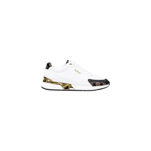 White and gold women’s athletic sneaker with patterned accents from Guess for fall winter