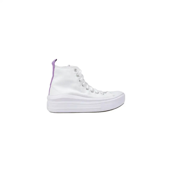 White high-top sneaker featuring purple accents, perfect for trendy casual wear