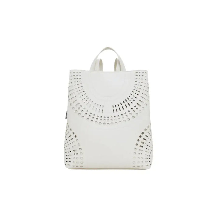 White laser-cut faux leather tote bag with intricate design for stylish use
