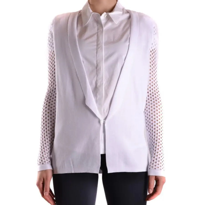 Light gray and white layered blouse with perforated mesh sleeves for sophisticated style