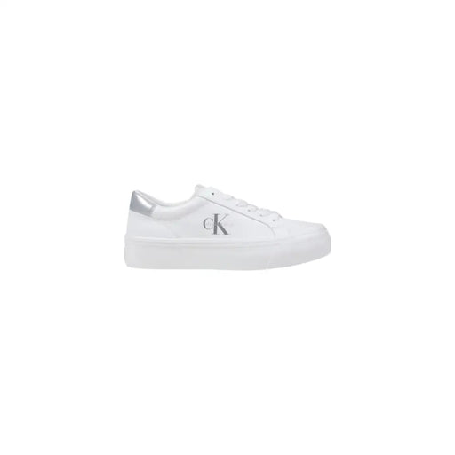 White leather lace-up sneakers with silver heel tab from Calvin Klein for women