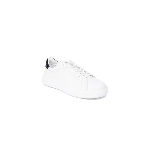Calvin Klein Men’s White Leather Sneakers featuring a black heel accent