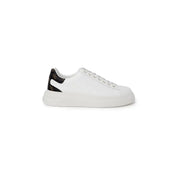 White leather sneaker with patterned heel and gold accents for contemporary style