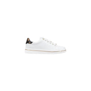 Guess black women fall winter polyurethane lace-up sneakers with white leather, leopard heel tab, and gold trim