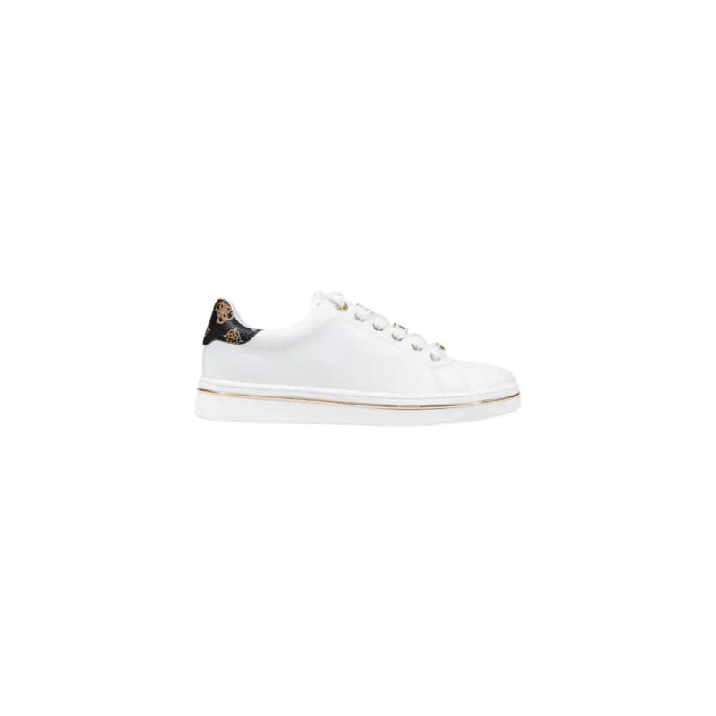 Guess black women fall winter polyurethane lace-up sneakers with white leather, leopard heel tab, and gold trim