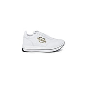 White leather sneakers with black heart logo and gold detailing from Love Moschino