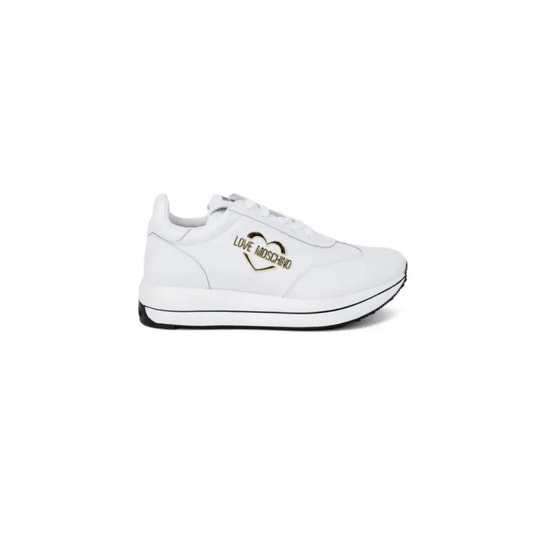 White leather sneakers with black heart logo and gold detailing from Love Moschino