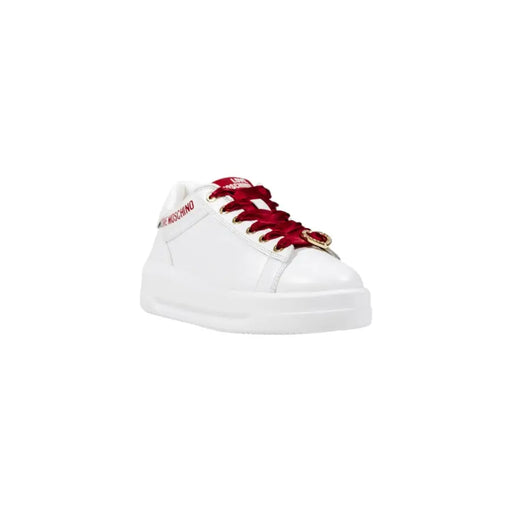 White leather sneakers with red laces and a gold heart charm from Love Moschino Women collection