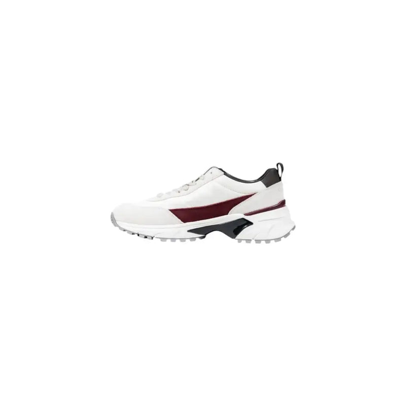 White and maroon Calvin Klein athletic slip-on sneakers with textured sole for women
