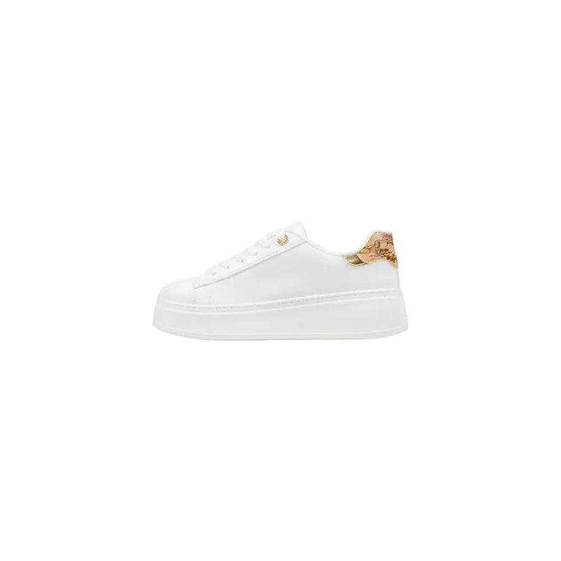 White polyurethane platform sneakers with brown textured heel tab by Alviero Martini Prima Classe