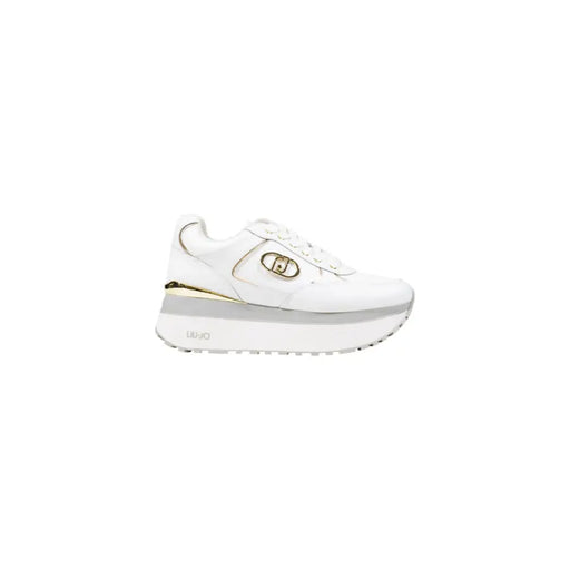 White platform sneakers with gold accents from Liu Jo Women, faux leather lace-up design