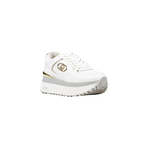 White platform sneakers with gold accents from Liu Jo Women, faux leather lace-up design