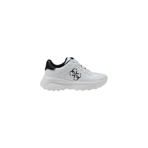 White Guess Women Sneakers with Black Accents, Print, and Laces for Stylish Comfort