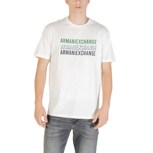 White Armani Exchange T shirt with printed logo displayed in the product image