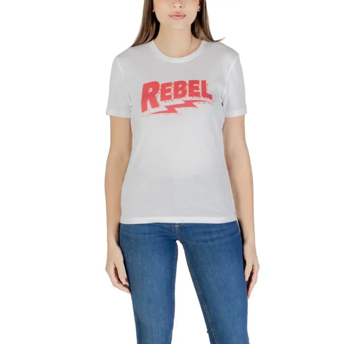 White graphic T-shirt featuring Rebel design, ideal for casual and stylish wear