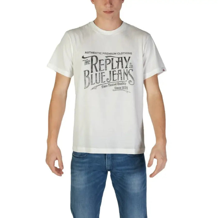 White T-shirt with Replay Blue Jeans graphic displayed on Navy Blue Graphic Tee for Men